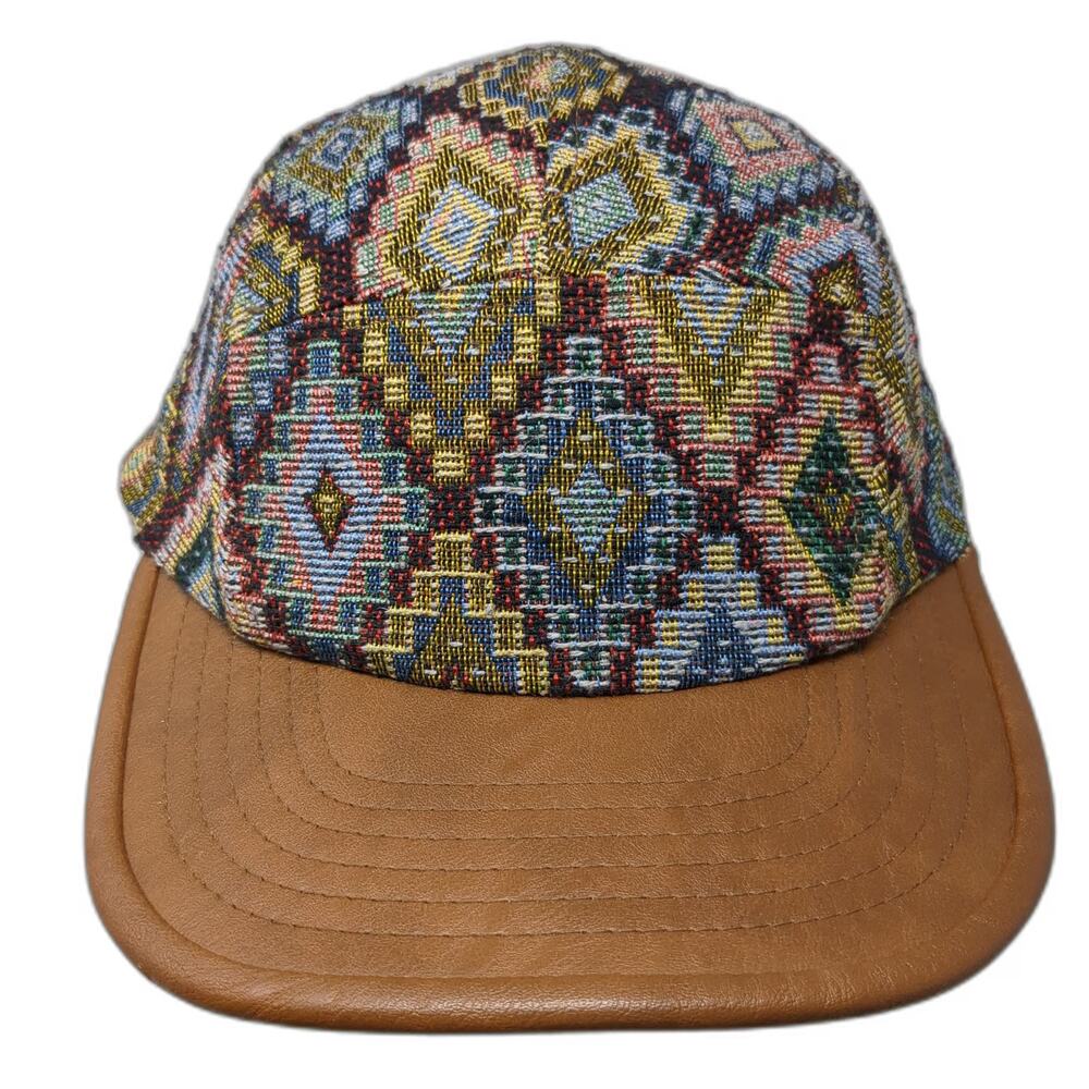 Rosin 5 Panel Hat Brown Blue Red Yellow One Size Woven Tapestry Geometric Brim